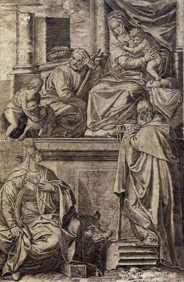 Den heliga familjen med Sts. Anthony Abbot, Catherine och spädba Den heliga familjen med Sts. Anthony Abbot, Catherine och spädba