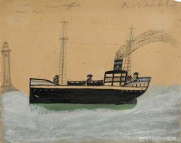 Grön och svart ångbåt, fyr och måsar Grön och svart ångbåt, fyr och måsar