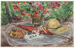 Vase de fleurs, assiette de peches, ombrelle et le Figaro Vase de fleurs, assiette de peches, ombrelle et le Figaro
