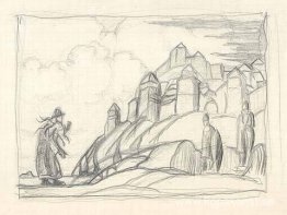 Skiss med kvinnan framför stadsmuren Skiss med kvinnan framför stadsmuren