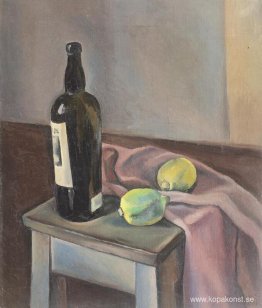 Stilleben med vinflaska och citroner