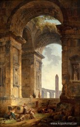 Ruiner med en obelisk i fjärran