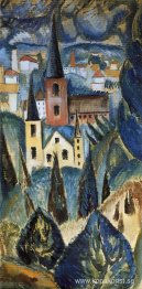 Landskap med kyrkspiror och träd