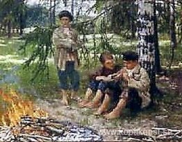 Tre pojkar i skogen