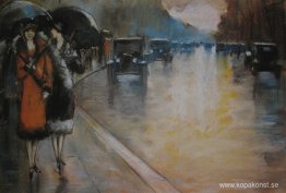 Berliner Straße mit Droschken i Regen
