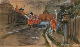 Strelets patrullerar vid Ilyinskie-portarna i gamla Moskva