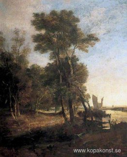 Skog med en flod och pråmar med segel