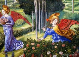 Änglar samlar blommor i ett himmelskt landskap (detalj)