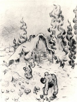 Snöigt landskap med lutande kvinna