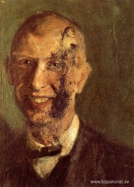 Fragment av ett leende självporträtt i full längd, detalj
