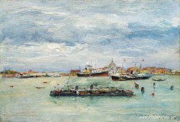 Grå dagen på lagunen (en passagerarbåt - Venedig)
