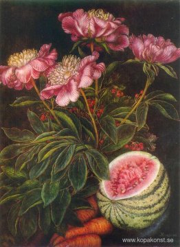 Stilleben "Vattenmelon, morötter, blommor"