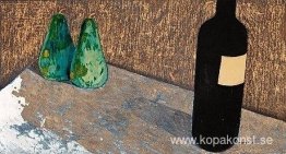 Stilleben med flaska och gröna päron