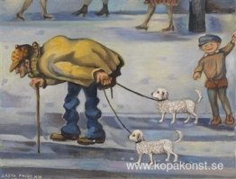 En vanlig man som går med sina hundar