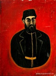 Porträtt av vin-pub ägare på en röd bakgrund