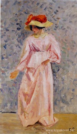 Porträtt av Jeanne i en rosa dräkt