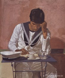 Mariner läser på rosa bakgrund