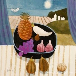 Stilleben med ananas och fjäril