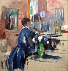 Lady in Blue framför en spegel