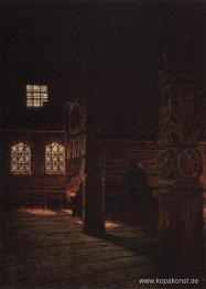 Interiör av träkyrkan St. Peter och St. Paul i Puchug