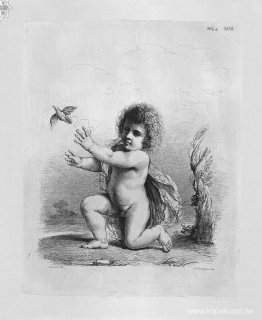 Kerub på knä och släpper en fågel av Guercino