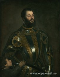 Porträtt av Alfonso d'Avalos, i rustning med en sida