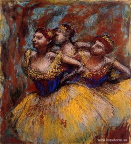 Tre dansare. Gula kjolar, blå blusar