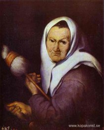 Gammal kvinna med distaff