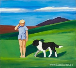 Pojke och hund i isländskt landskap
