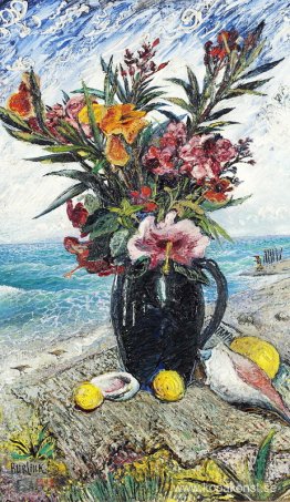 Stilleben med blommor vid havet