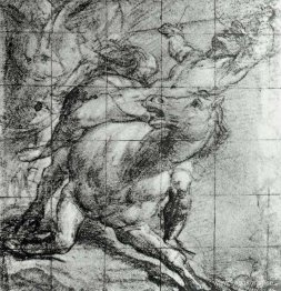 Häst och ryttare Svart krita på blått papper