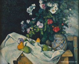 Stilleben med blommor och frukt