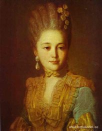 Porträtt av en okänd kvinna i en blå klänning med gula beslag