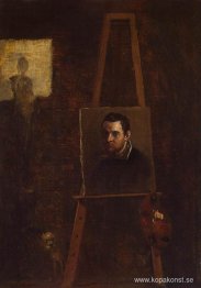 Självporträtt på ett staffli i en verkstad