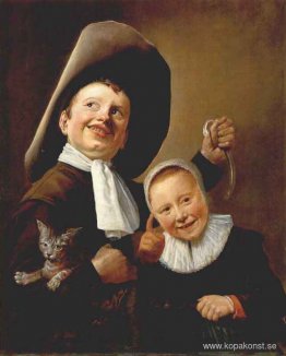 En pojke och en flicka med en katt och en ål