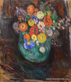 Stilleben med grön vas och blommor