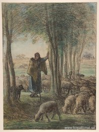 En herdinna och hennes flock i skuggan av träd