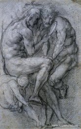 Två mansfigurer som tittar i en spegel och en Putto.