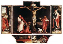 Den första vyen av altaret: St. Sebastian (vänster), Korsfästels