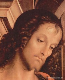 Madonna enthroned med St. John the Tufer och St. Sebastian (deta