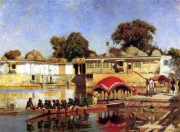 Palats och sjö vid Sarket Ahmedabad, Indien