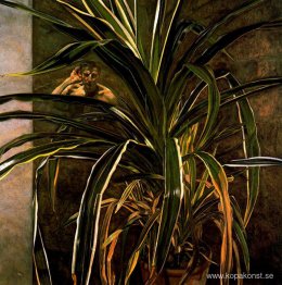 Interiör med växt, reflekterande lyssnande (självporträtt)