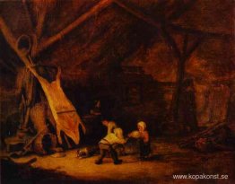 Barn som leker i en lada