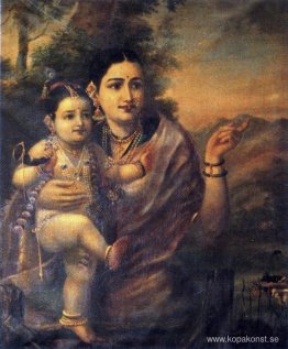 Sri Krishna, som ett litet barn med fostermamma Yasoda