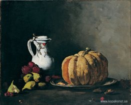 Stilleben med pumpa, plommon, körsbär, fikon och kanna