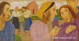 Figurer som pratar i en by