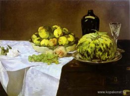 Stilleben med melon och persikor