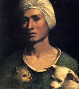 Porträtt av en ung man med en hund och en katt