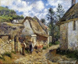 En gata i Auvers (halmtak stuga och ko)