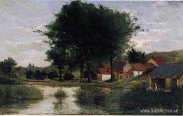 Höstlandskap (gård och damm)